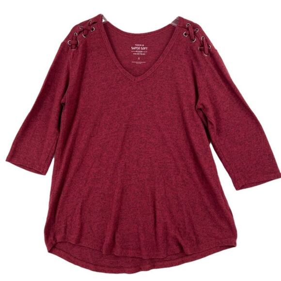 torrid Tops - Torrid Super Soft Plush Tunic Top Size 1X Burgundy Red Laced Shoulders V-Neck